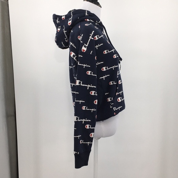 Champion Reverse Weave Logo Graphic Hoodie Womens Small Cotton Pullover Cropped - Picture 2 of 12